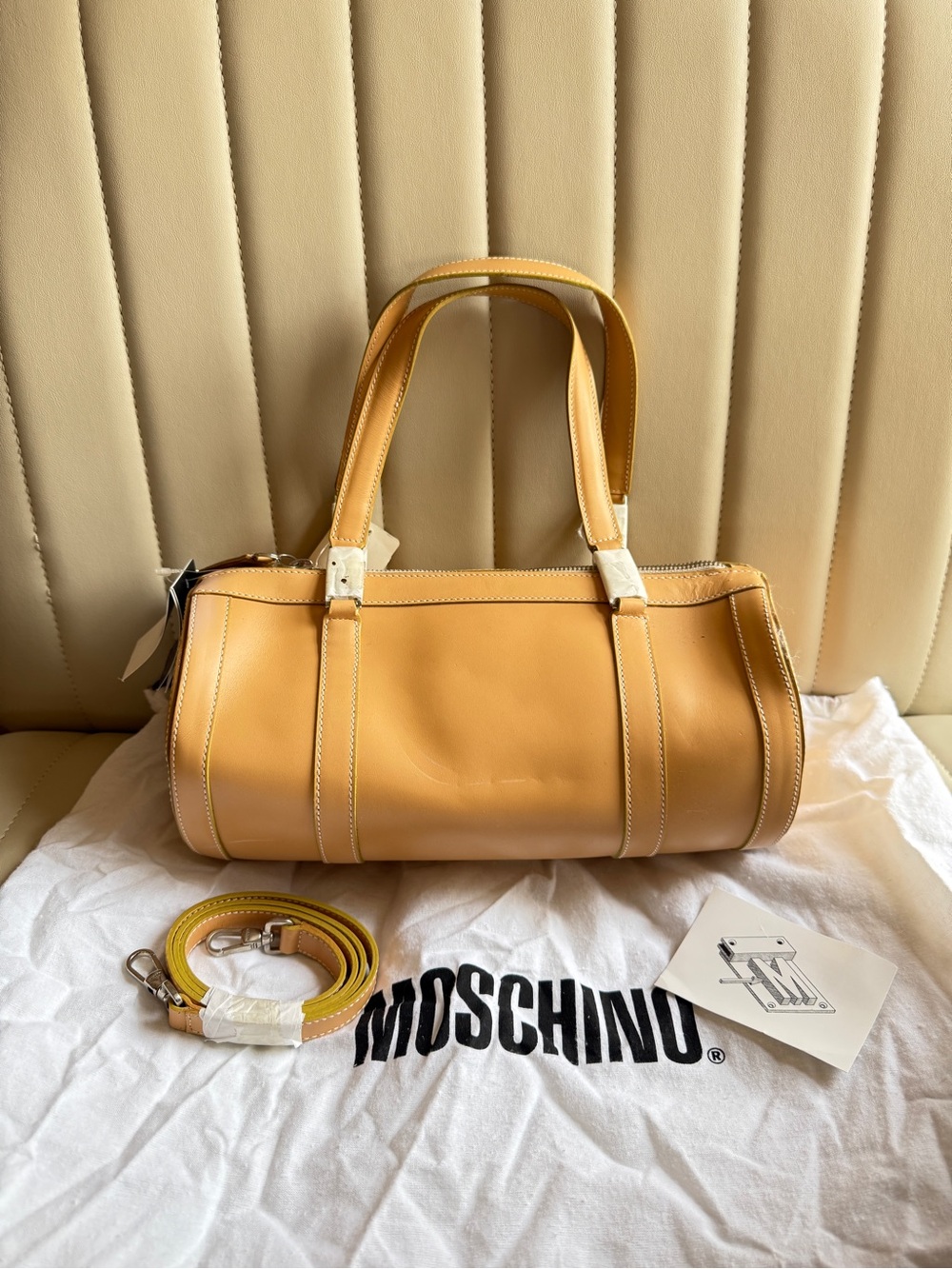Moschino Tan Leather Barrel Satchel with Detachable Strap (deadstock with flaws)